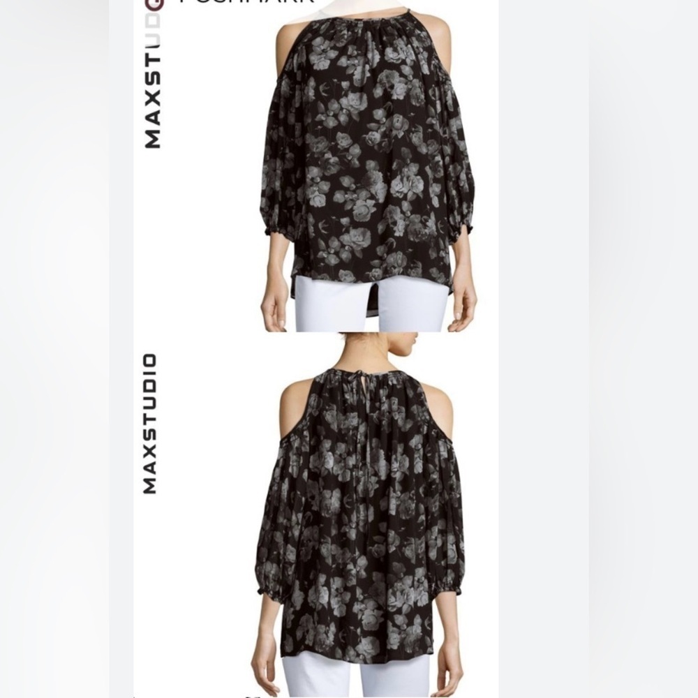 MAX STUDIO S Top Cold Shoulder Black Floral Print Blouse Long Sleeve EUC Sz S